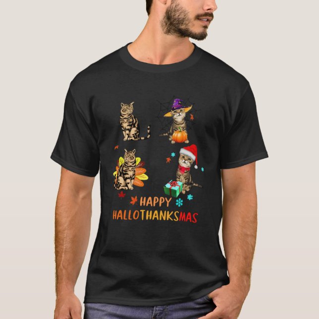 Cat's Happy Hallothanksmas T Shirt (Framsida)