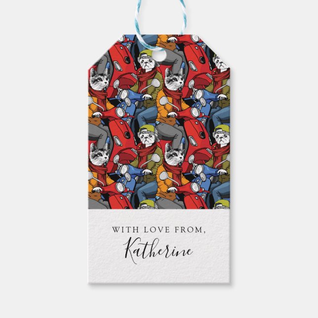 Cats & Hundar Scooter Mönster | Lägg till ditt nam Presentetikett (Framsidan)