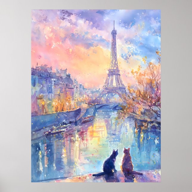 Cats in Paris Twilight – Watercolor Romance Poster (Framsidan)