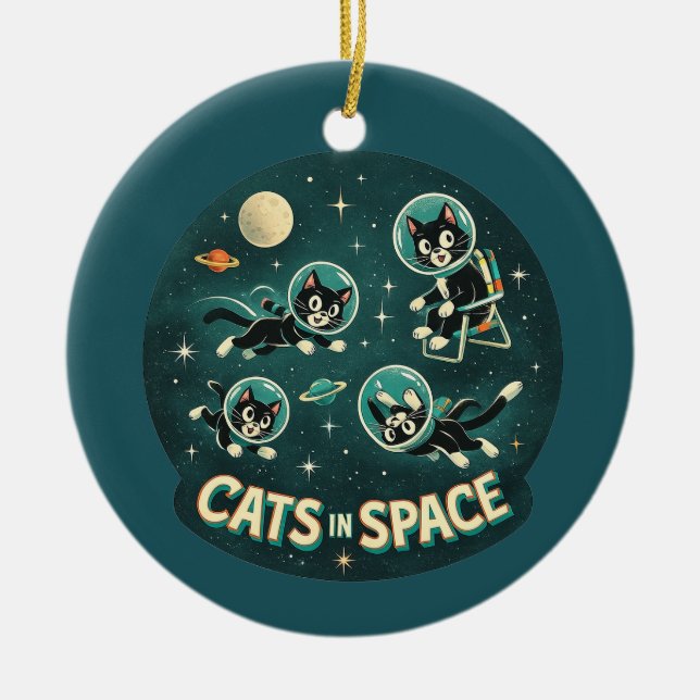 Cats in space UFO funny humor kitty Julgransprydnad Keramik (Framsidan)