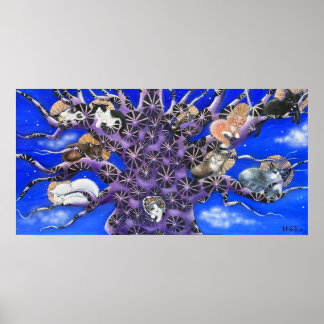 Cats in Tree Whimsical Art Poster