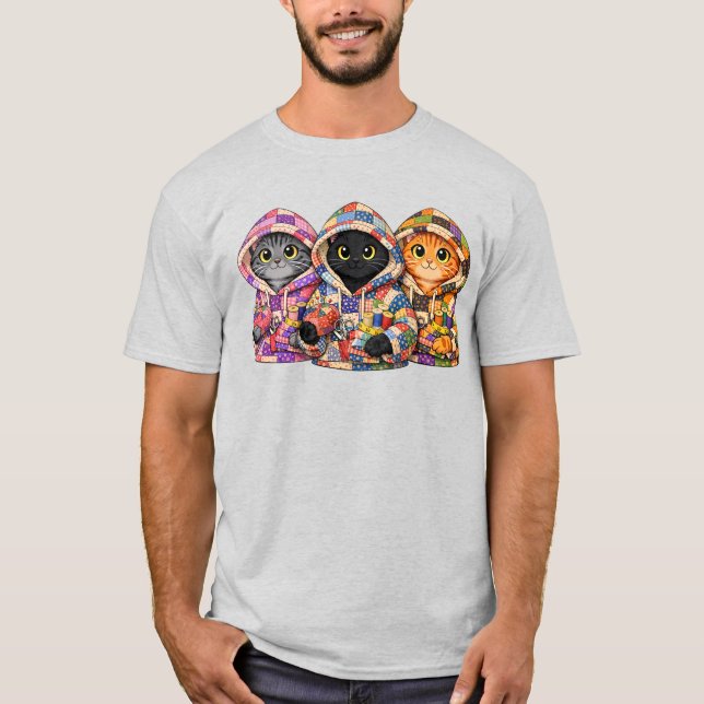 Cats in upcycled quilt hoodies TShirt T Shirt (Framsida)