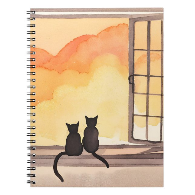 Cats in Window | Sunset Watercolor Silhouette Anteckningsbok (Framsidan)
