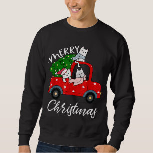 Cats julafton Shirt Träd på Red Lastbil Cat jul tr Lång Ärmad Tröja