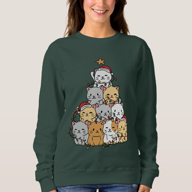 Cats Julafton Träd T Shirt (Framsida)