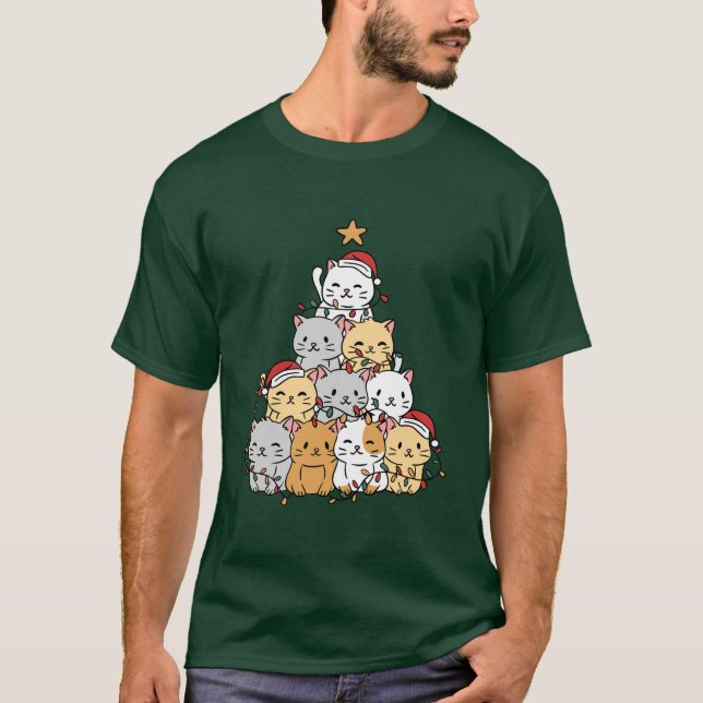 Cats Julafton Träd T Shirt (Framsida)