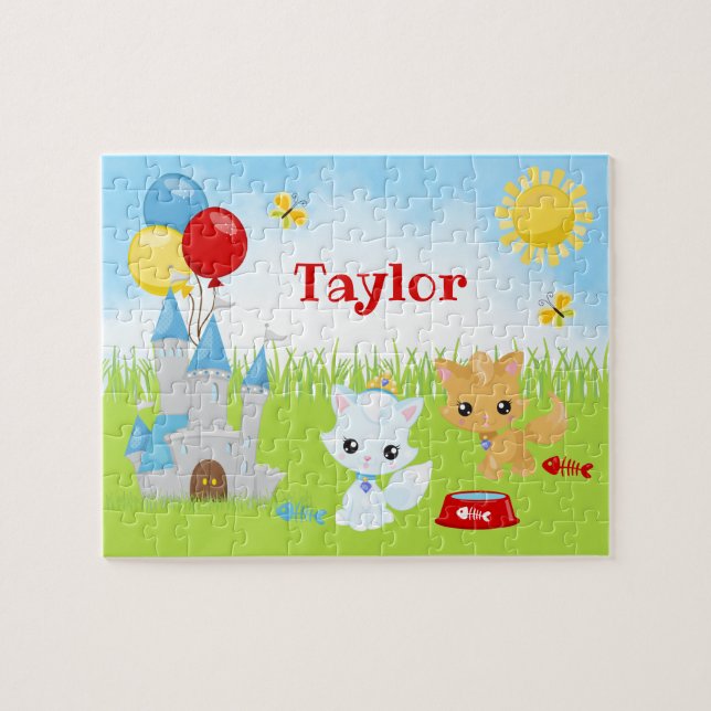 Cats Kittens Castle Blue och Red Jigszle Puzzle Pussel (Horisontell)