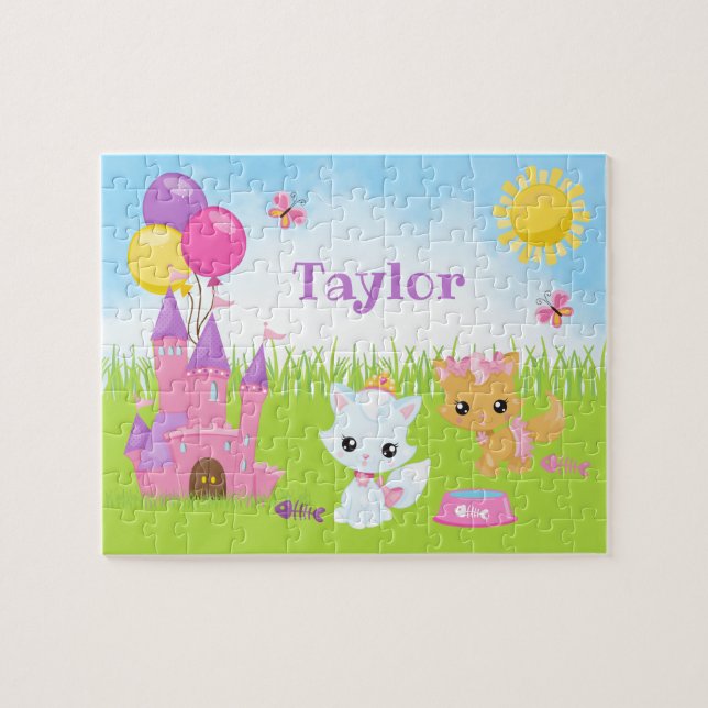 Cats Kittens Castle Rosa and Lila Jigszle Puzzle Pussel (Horisontell)