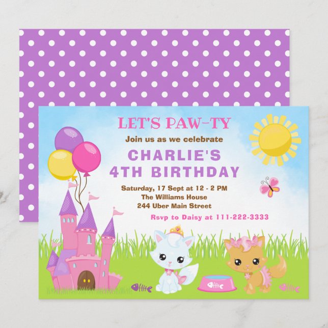 Cats Kittens Castle Rosa Födelsedagsfest inbjudan (Fram/baksida)