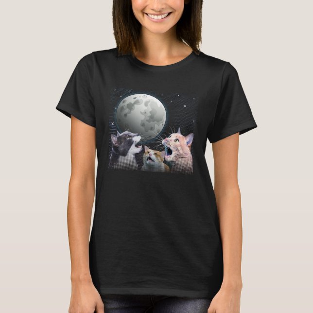 Cats Meowling At Moon Cat   Space Kitten Joke T Shirt (Framsida)