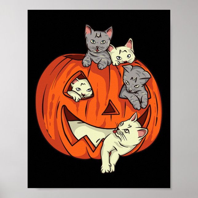 Cats Pumpkin Carved Jack o lantern Cat Halloween C Poster (Framsidan)