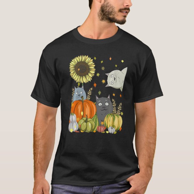 Cats & Pumpkin Sunflower Fall Cat  Thanksgiving T Shirt (Framsida)