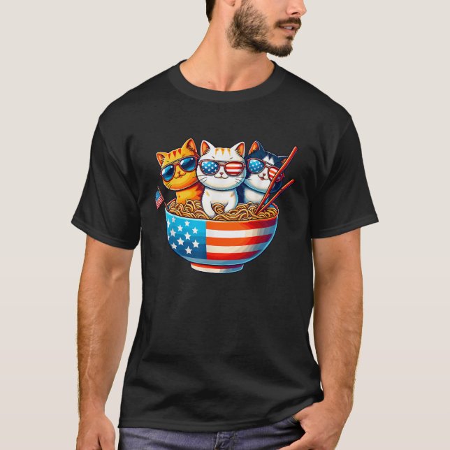 Cats Ramen Anime American Flagga USA Funny 4th of  T Shirt (Framsida)