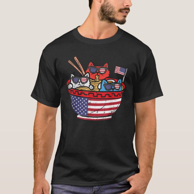 Cats Ramen Anime American Flagga USA Funny 4th of  T Shirt (Framsida)