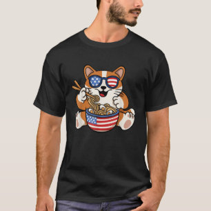 Cats Ramen Anime American Flagga USA Funny 4th of  T Shirt