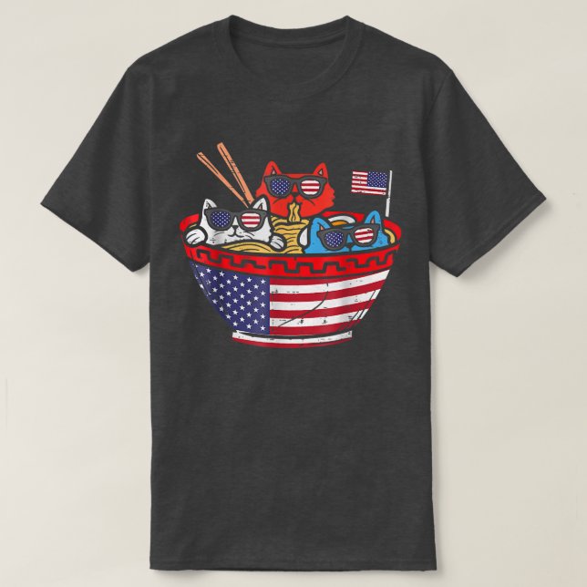Cats Ramen Anime American Flagga USA Funny 4th of  T Shirt (Design framsida)