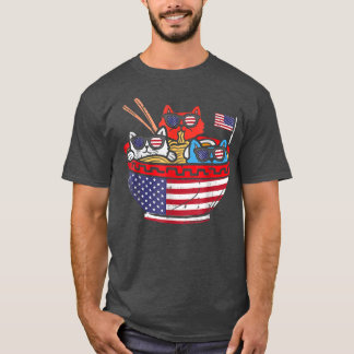 Cats Ramen Anime American Flagga USA Funny 4th of  T Shirt