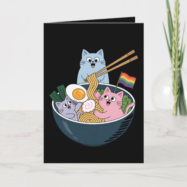 Cats Ramen Rainbow LGBTQ Gay Lesbisk Pride Ally Kort (Framsida)
