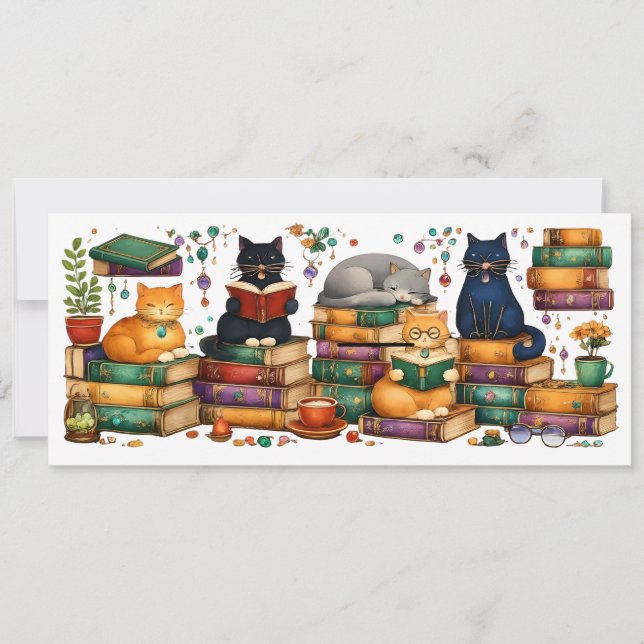 Cats Reading Books Cozy Library Scene Inbjudningar (Framsida)