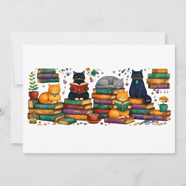 Cats Reading Books Cozy Library Scene Inbjudningar (Framsida)