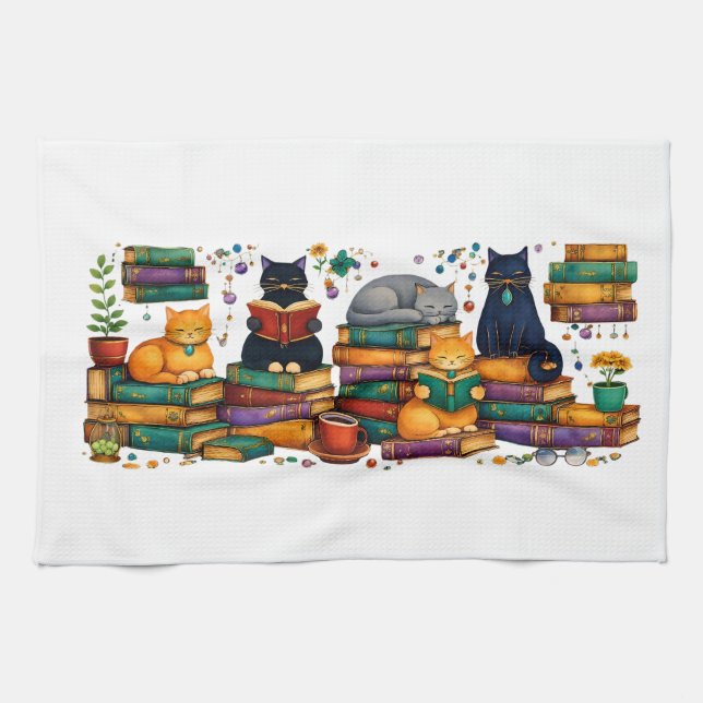Cats Reading Books Cozy Library Scene Kökshandduk (Horisontell)