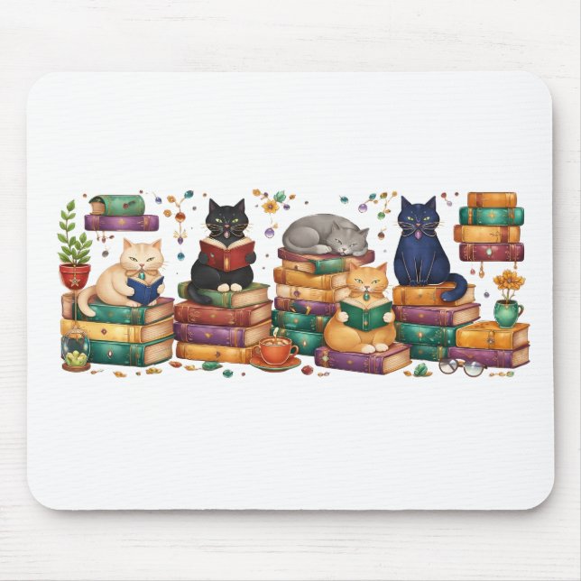Cats Reading Books Cozy Library Scene Musmatta (Framsidan)