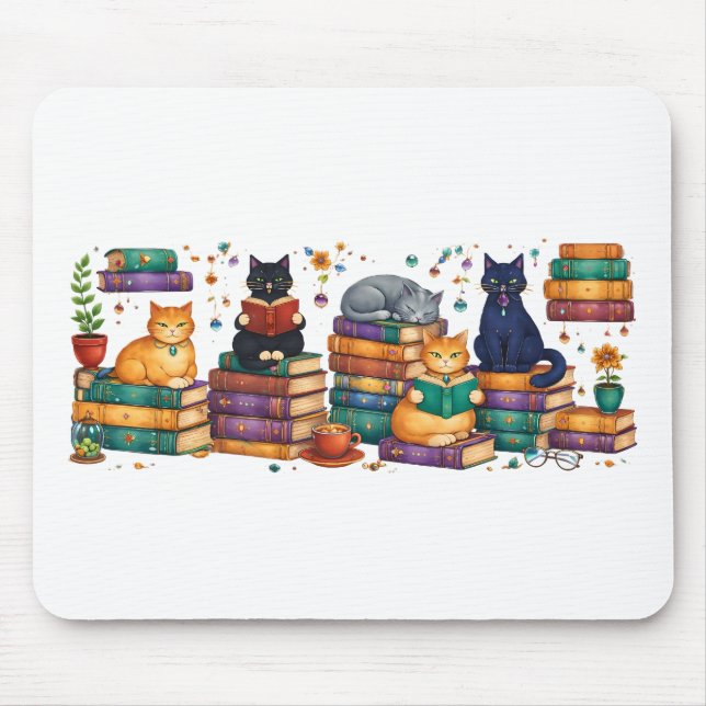 Cats Reading Books Cozy Library Scene Musmatta (Framsidan)
