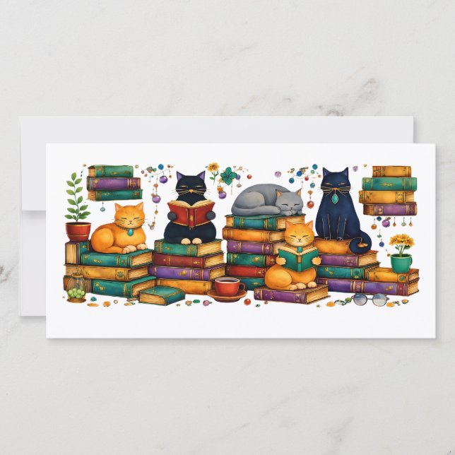 Cats Reading Books Cozy Library Scene Tack Kort (Framsida)