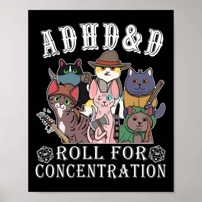 Cats Rpg Gamer Roll For Concentration D20 Dice Ner Poster (Framsidan)