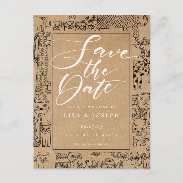 Cats Rustic Kraft-skript Spara datumet Meddelande Vykort (Framsida)