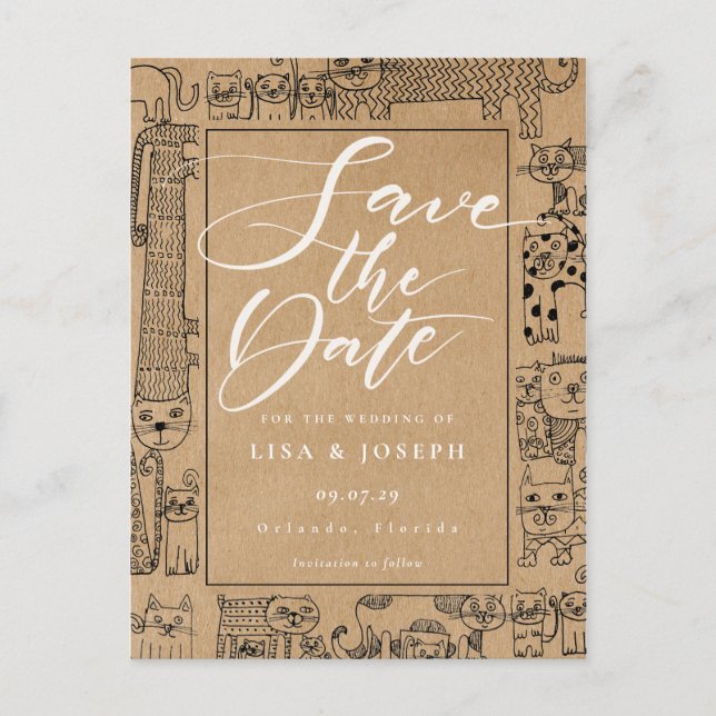 Cats Rustic Kraft-skript Spara datumet Vykort (Framsida)
