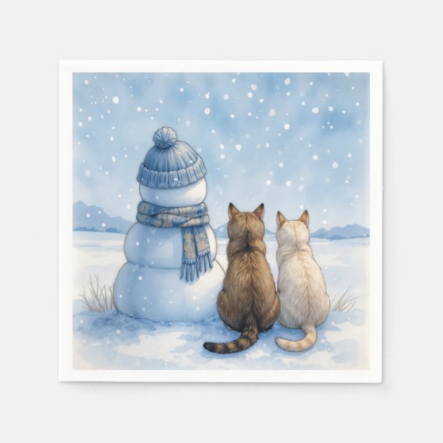 Cats Sitting With a Snowman In a Field Pappersservett (Framsidan)