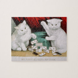 Cats White Kattunge spelar Dominoes-Currier & Ives Pussel