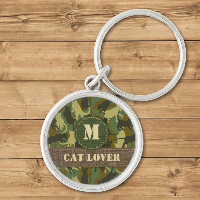 Cats Woodland Camouflage Monogram Keychain Rund Silverfärgad Nyckelring (Skapare uppladdad)