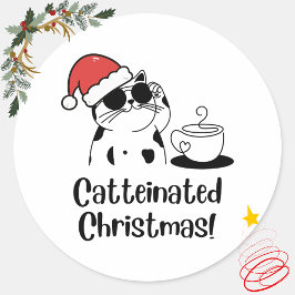 Catteinated Christmas Coffee and Cat Lover Holiday Runt Klistermärke