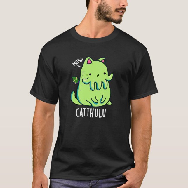 Catthulu Funny Cthulhu Cat Pun Mörk BG T Shirt (Framsida)