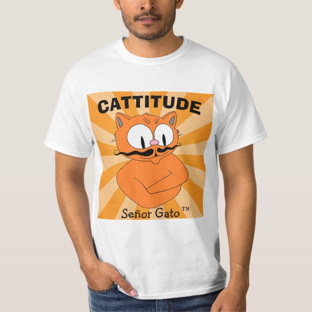 CATTITUDE Señor Gato™ Tecknad Mustache Cat T Shirt (Framsida)