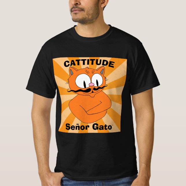 CATTITUDE Señor Gato™ Tecknad Mustasch Katt T Shirt (Framsida)