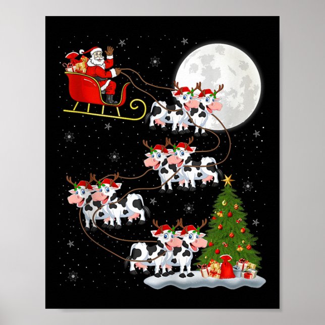 Cattle Cow Santa Sleigh Flying Funny Magical Chris Poster (Framsidan)