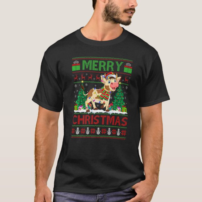 Cattle  Xmas Tree Lights Ugly Santa Cattle Christm T Shirt (Framsida)