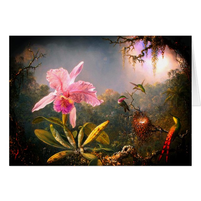 Cattleya Orchid och tre brasilianska Hummingbird Hälsningskort (Framsidan Horizontal)