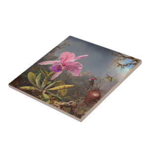 Cattleya Orchid och tre Hummingbird by Heade Kakelplatta