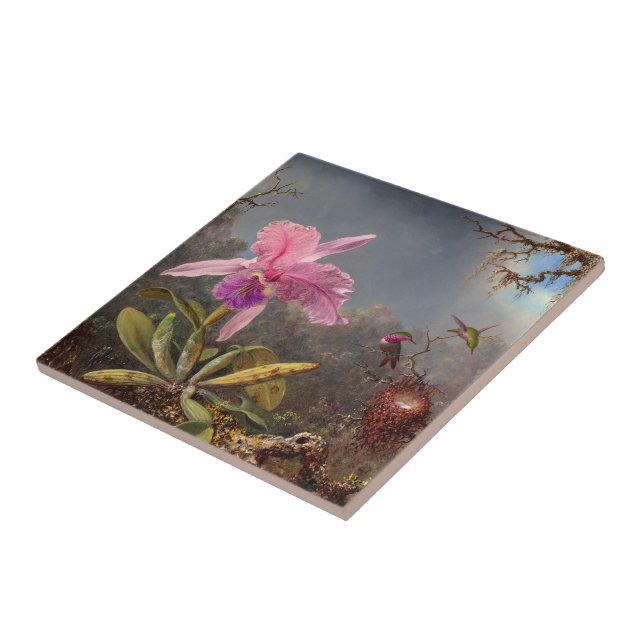 Cattleya Orchid och tre Hummingbird by Heade Kakelplatta (Sidan)