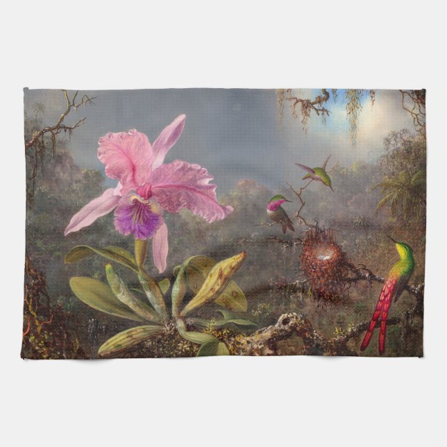 Cattleya Orchid och tre Hummingbird by Heade Kökshandduk (Horisontell)