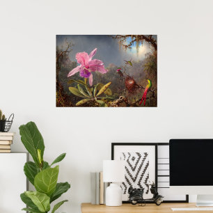 Cattleya Orchid och tre Hummingbird by Heade Poster
