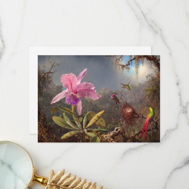 Cattleya Orchid och tre Hummingbird by Heade Tack Kort (Fram/Back In Situ)