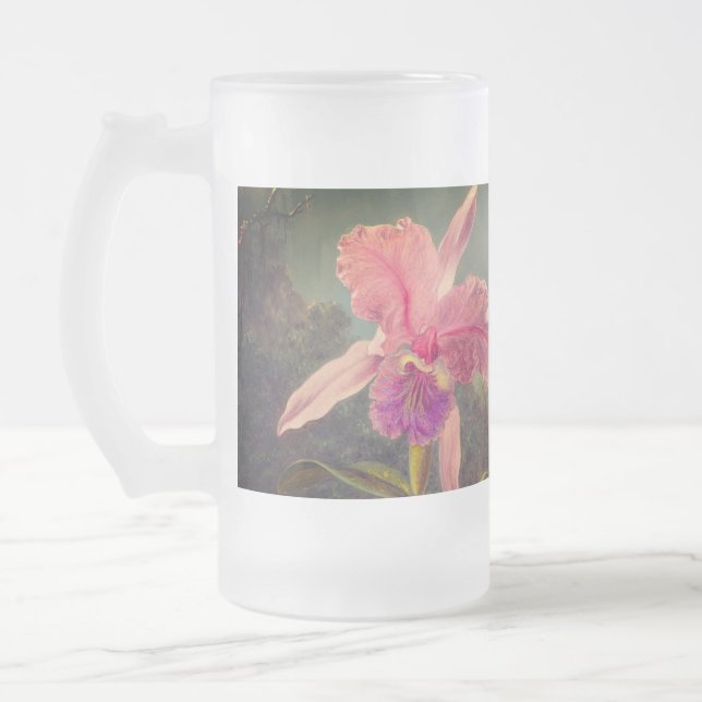 Cattleya Orchid och tre Hummingbird Heade Frostat Ölglas (Vänster)