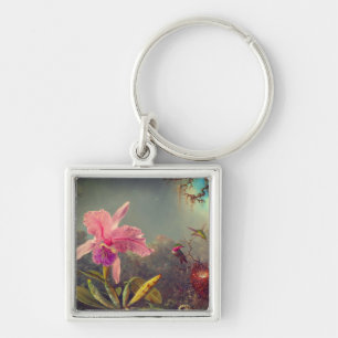 Cattleya Orchid och tre Hummingbird Heade Fyrkantig Silverfärgad Nyckelring