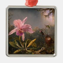 Cattleya Orchid och tre Hummingbird (Heade)