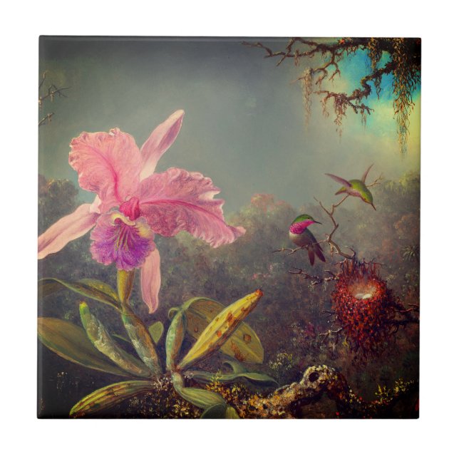 Cattleya Orchid och tre Hummingbird Heade Kakelplatta (Framsidan)